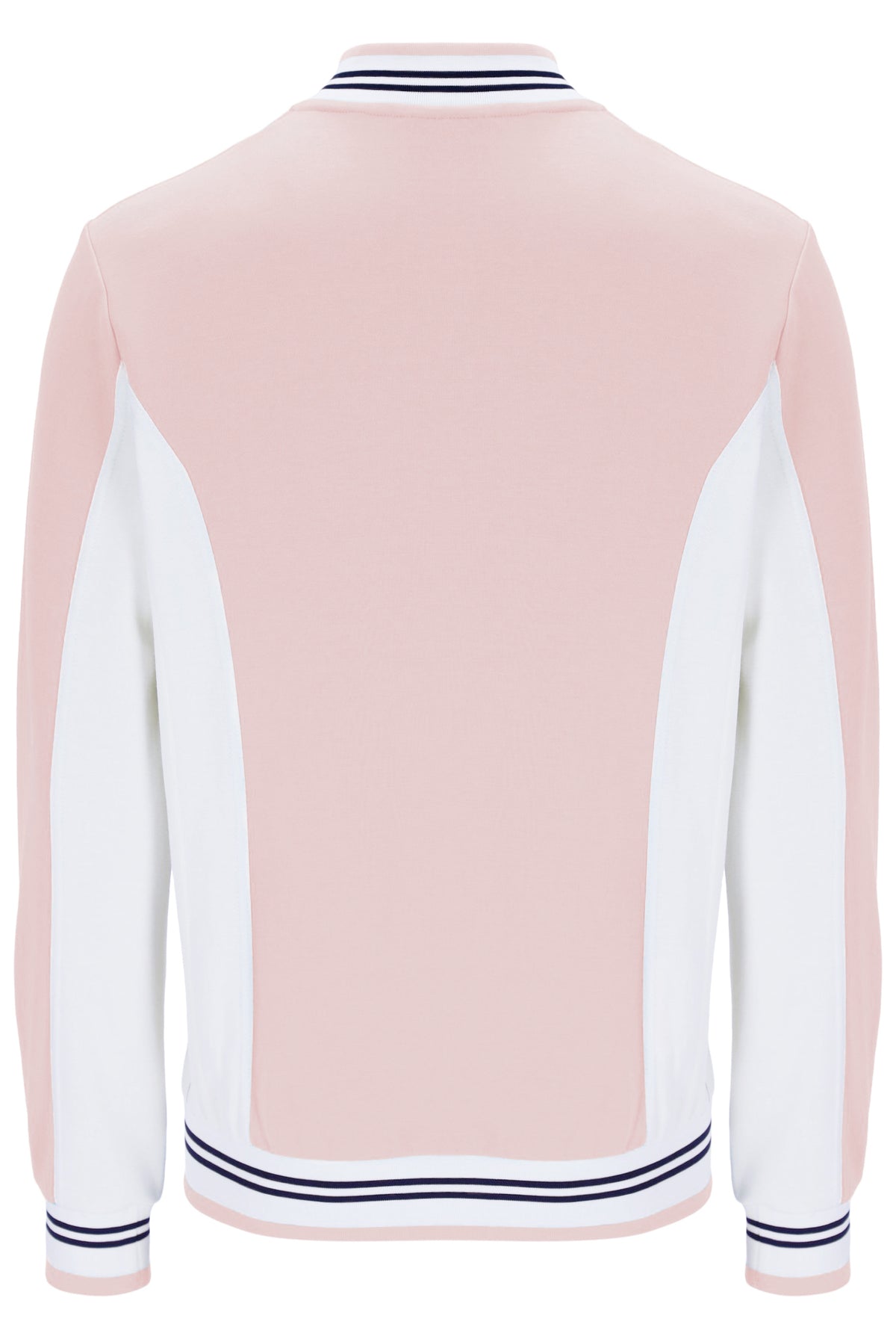 Pink and white varsity jacket with navy trim on a white background