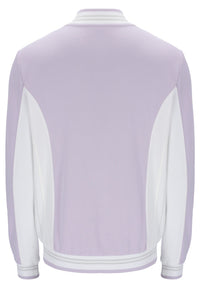 Displays a model wearing the Misty Lilac 'FILA' branded Settanta Baseball Track Top