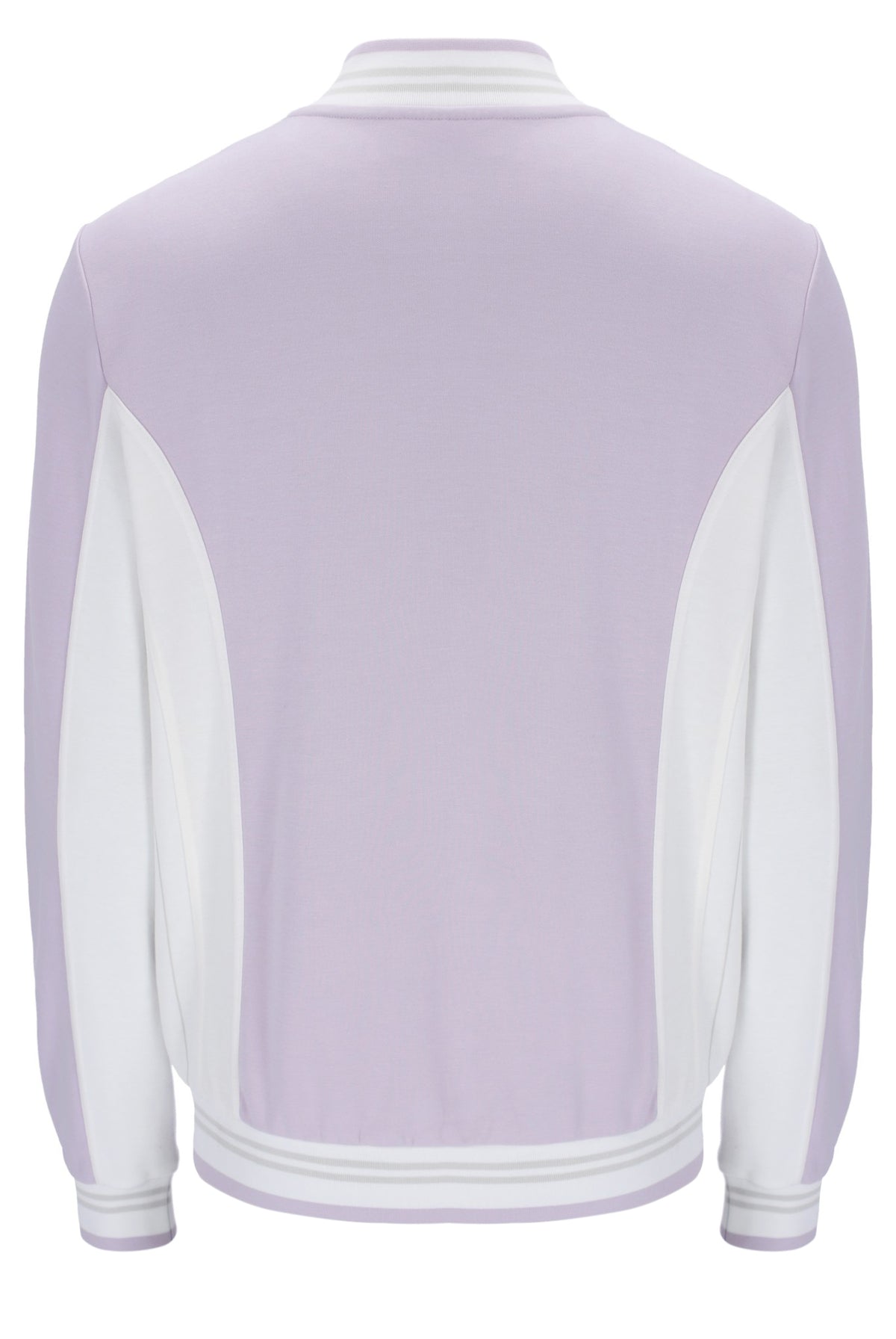 Displays a model wearing the Misty Lilac 'FILA' branded Settanta Baseball Track Top