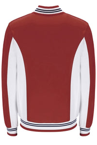 Red and white varsity jacket with striped collar on a white background