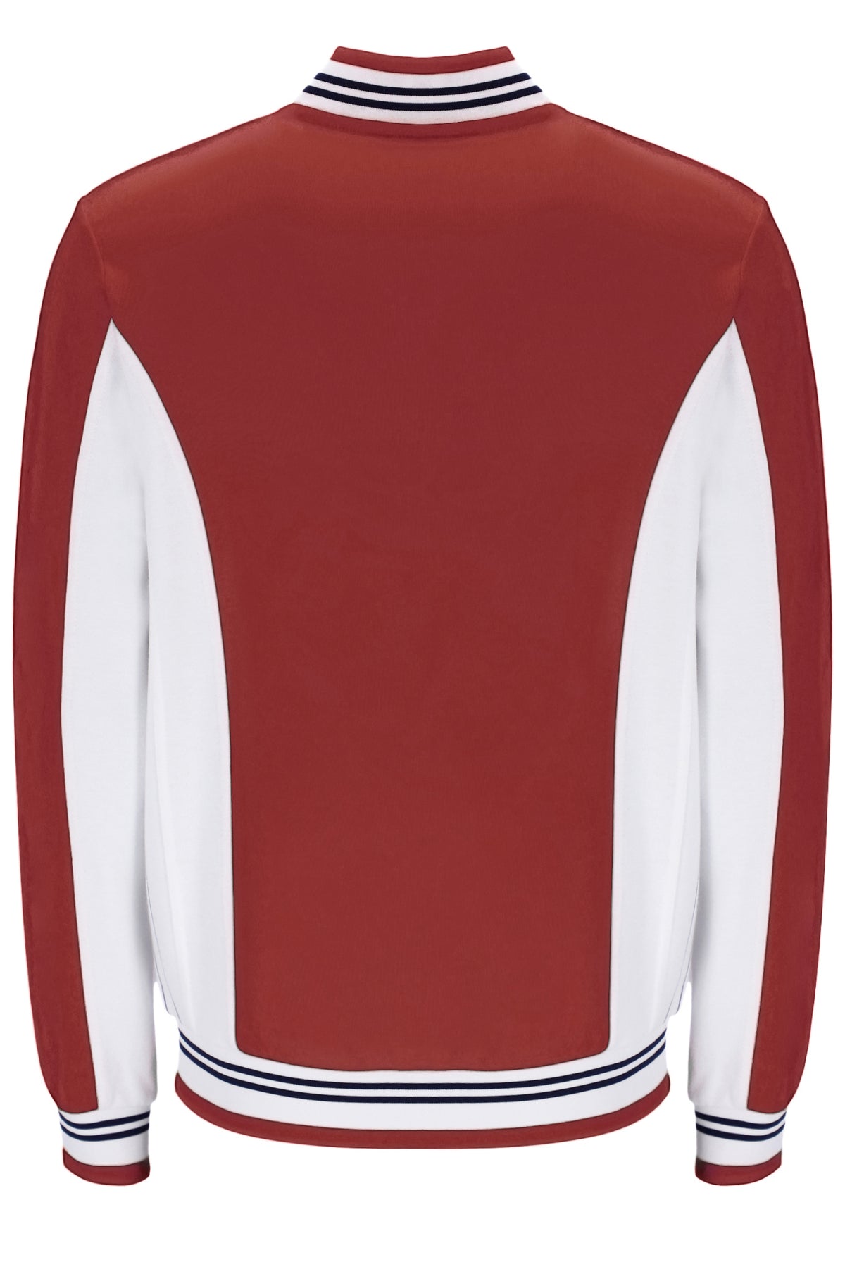 Red and white varsity jacket with striped collar on a white background