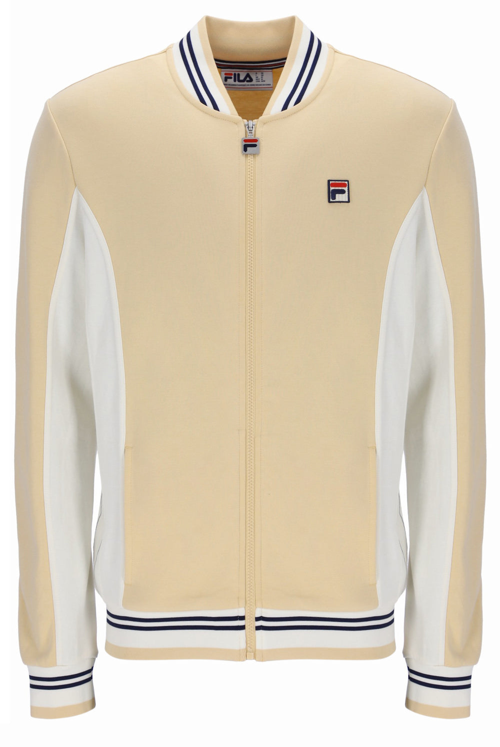 Beige and white jacket with FILA logo on a white background