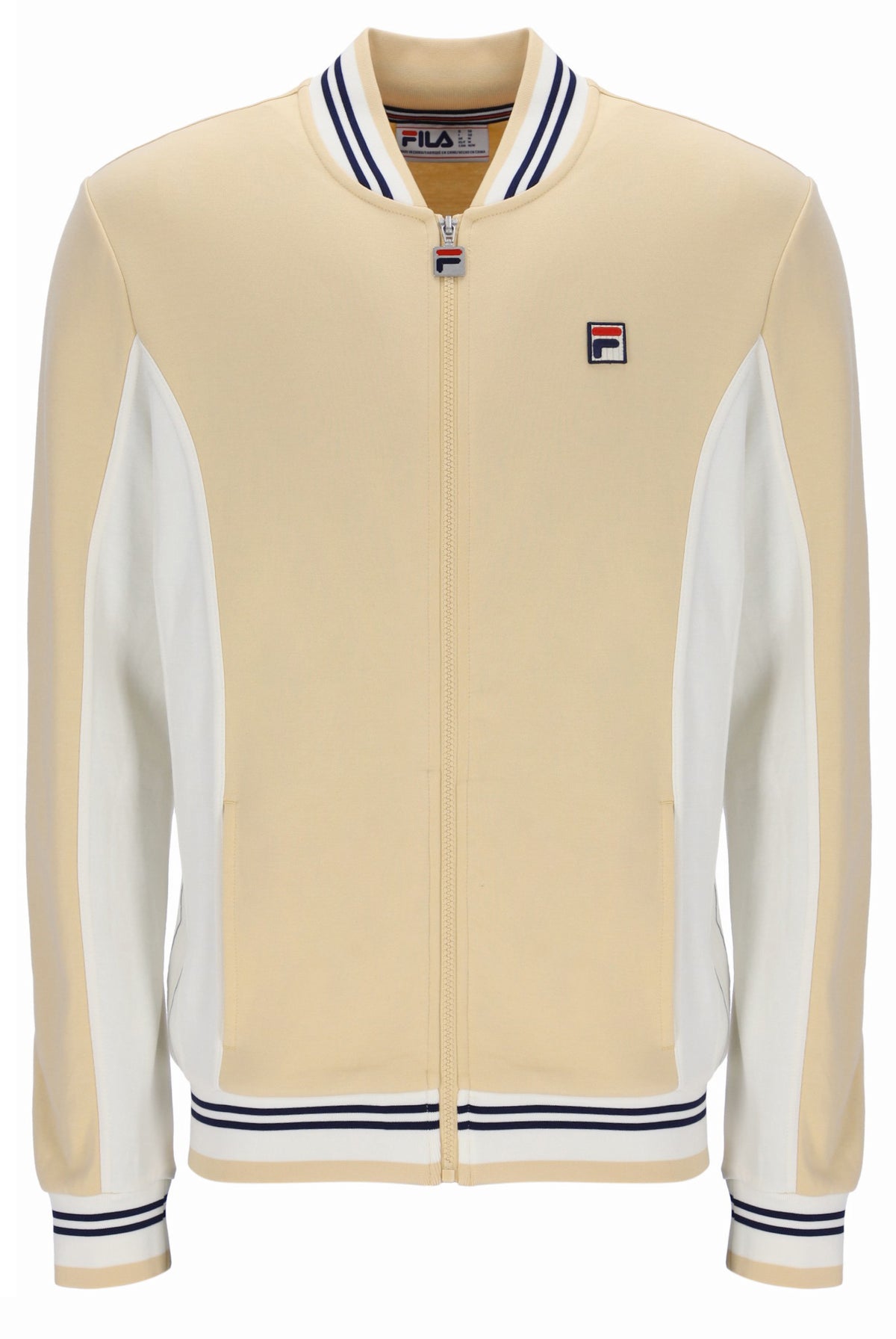 Beige and white jacket with FILA logo on a white background