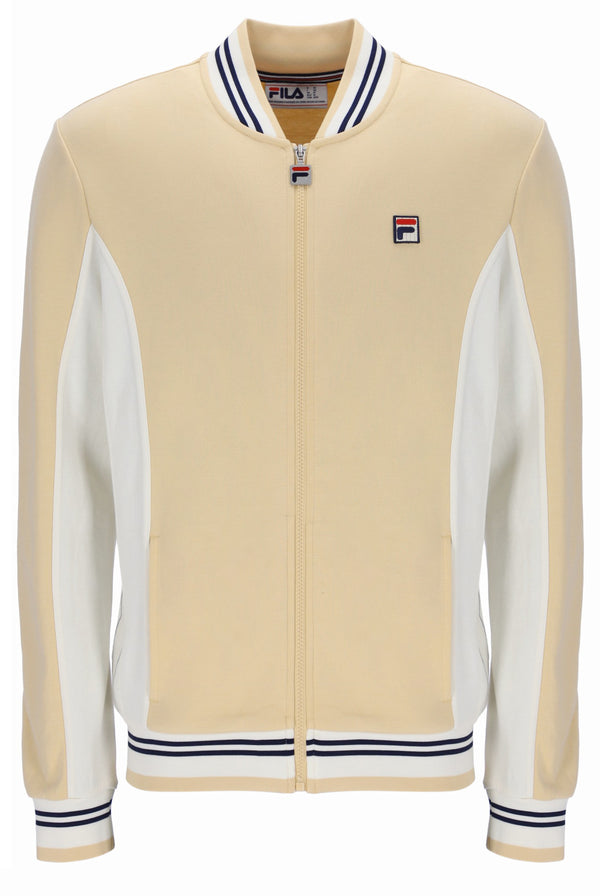 Beige and white jacket with FILA logo on a white background