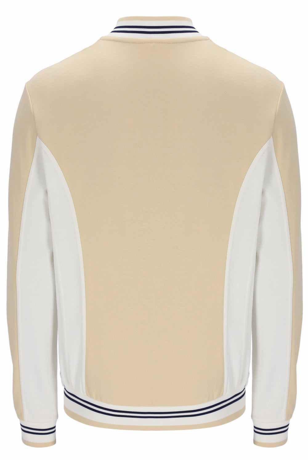 Beige and white varsity jacket with blue trim on a white background