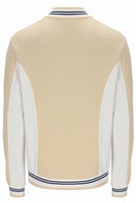 Beige and white varsity jacket with blue trim on a white background