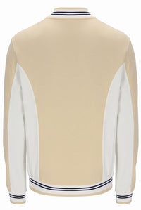 Beige and white varsity jacket with blue trim on a white background