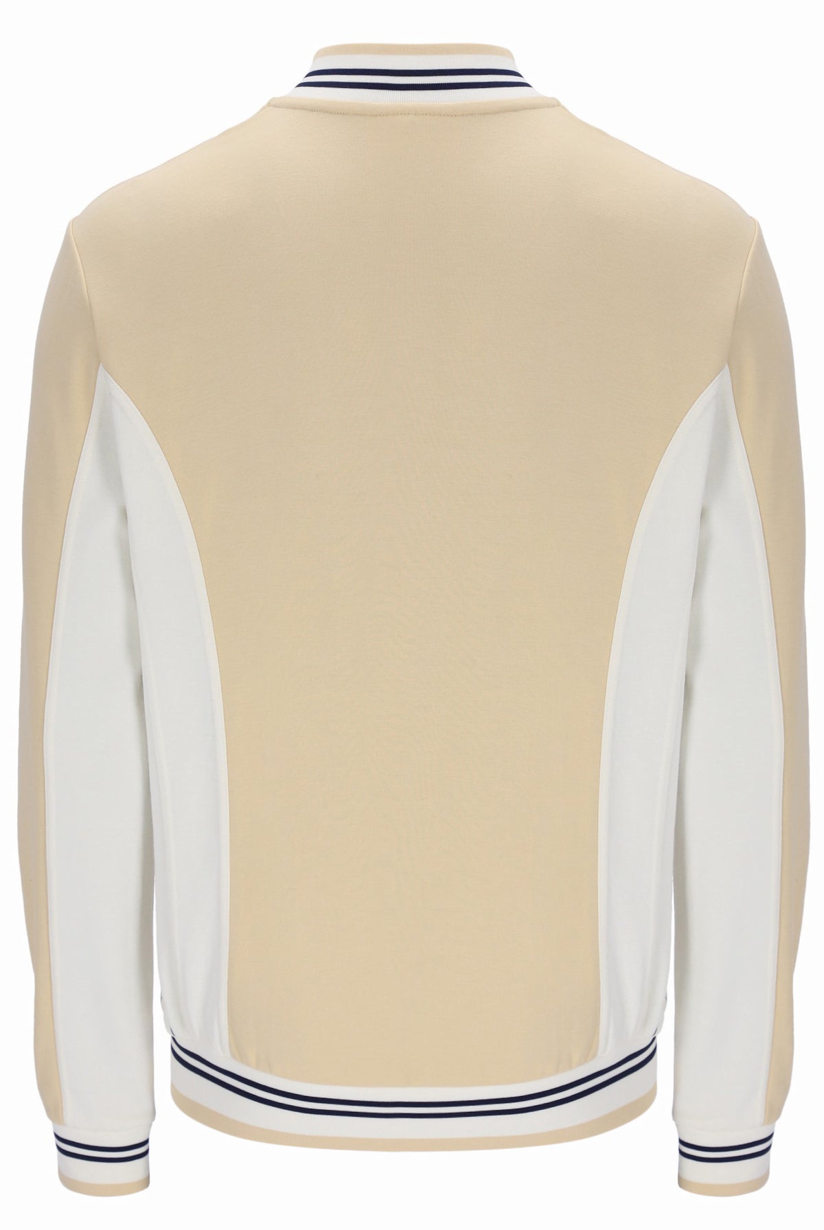 Beige and white varsity jacket with blue trim on a white background