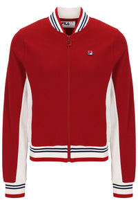 A red zip-up bomber jacket with white side panels, a white ribbed collar, hem, and cuffs, featuring navy blue stripes and a small Fila logo on the chest.
