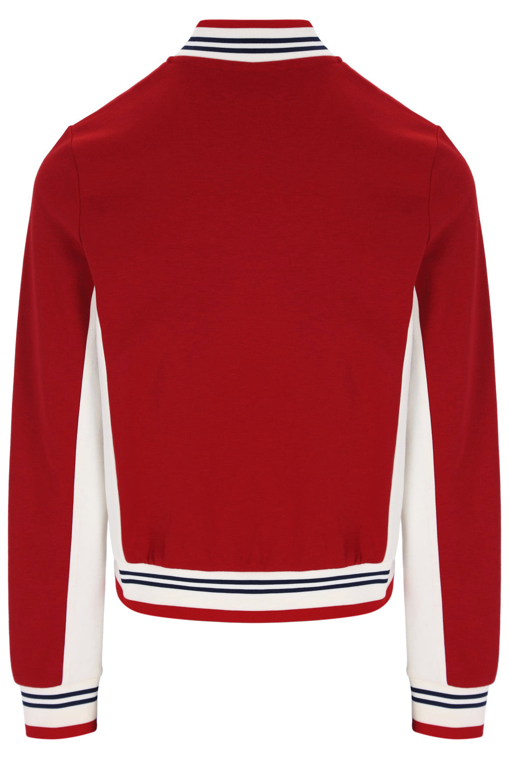 A red long-sleeve varsity-style jacket shown from the back, featuring white side panels and striped ribbed trim at the collar, hem, and cuffs.