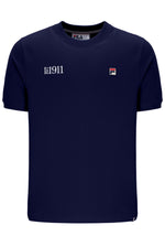 Navy blue t-shirt with a FILA logo on the left side of the chest, and 'EST 1911' text on the right side of the chest against a white background