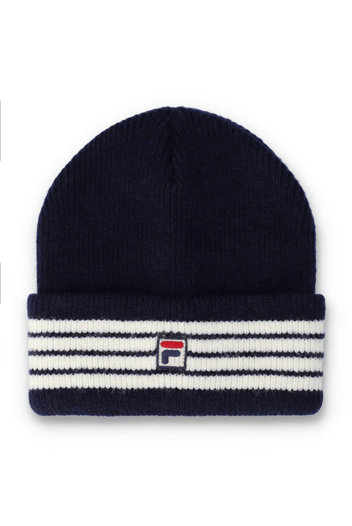 A navy blue knit beanie hat featuring a folded cuff with horizontal white and navy stripes and a small embroidered Fila logo in the center.