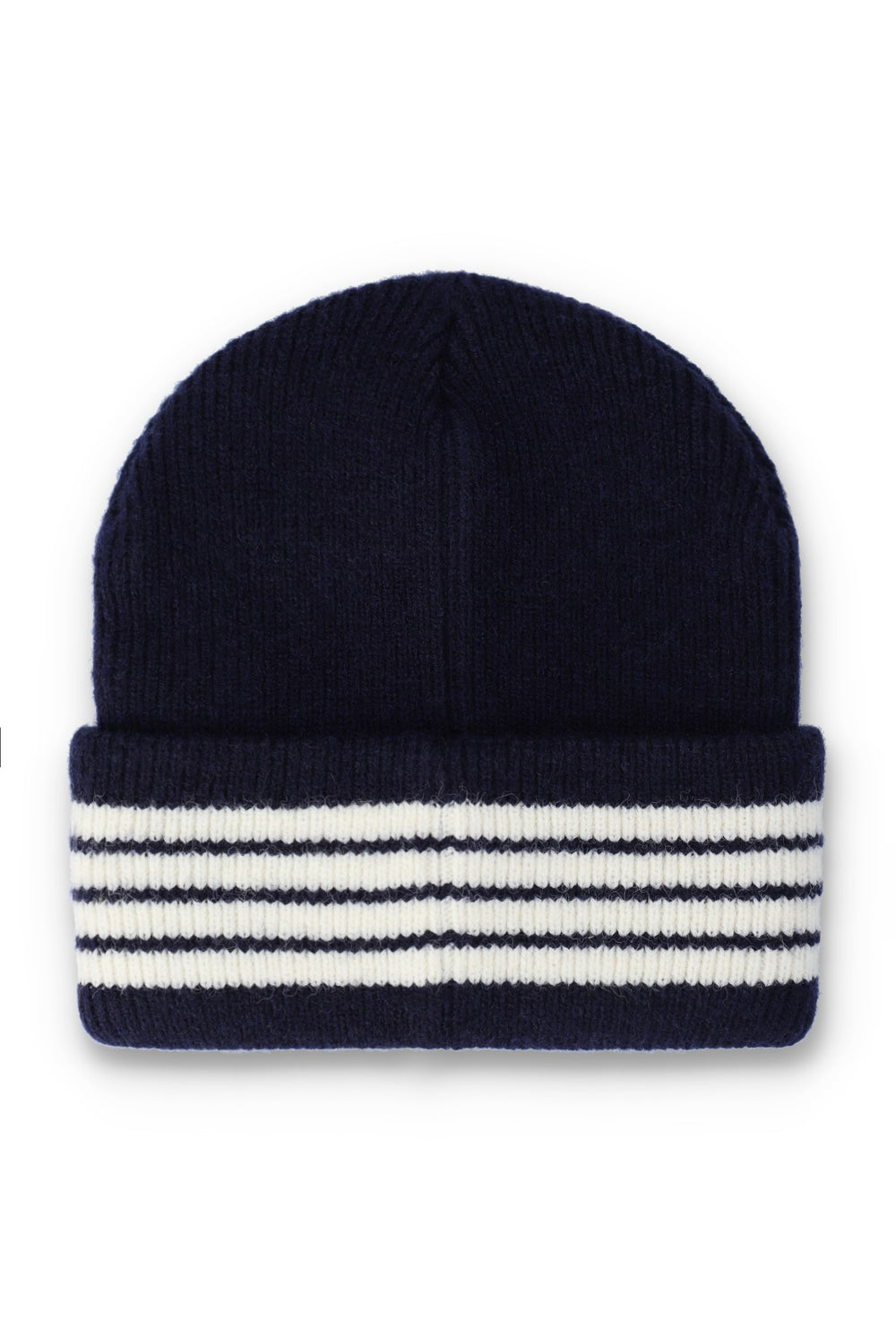 A navy blue knit beanie hat with a folded cuff featuring three horizontal white stripes, shown against a plain white background.