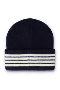 A navy blue knit beanie hat with a folded cuff featuring three horizontal white stripes, shown against a plain white background.