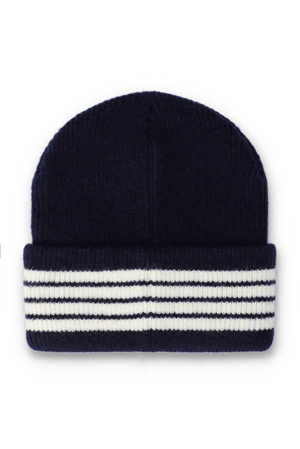 A navy blue knit beanie hat with a folded cuff featuring three horizontal white stripes, shown against a plain white background.