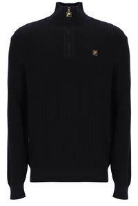 Displays the Black 'FILA' branded Stevie 1/4 Zip Funnel Neck Textured Knit