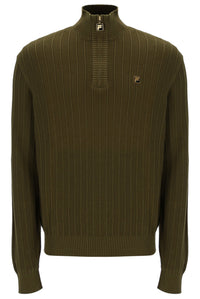 Displays the Dark Olive Stevie 1/4 Zip Funnel Neck Textured Knit