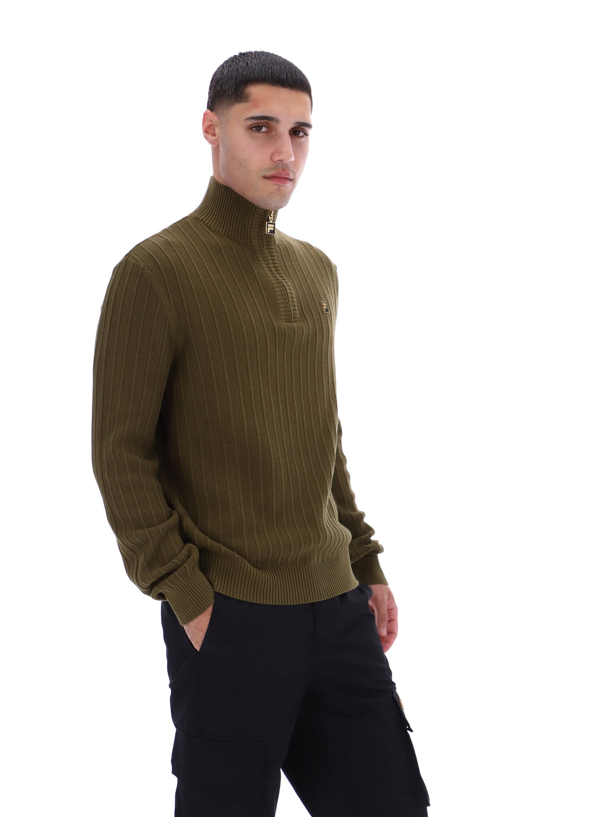 Displays a model wearing the Dark Olive Stevie 1/4 Zip Funnel Neck Textured Knit