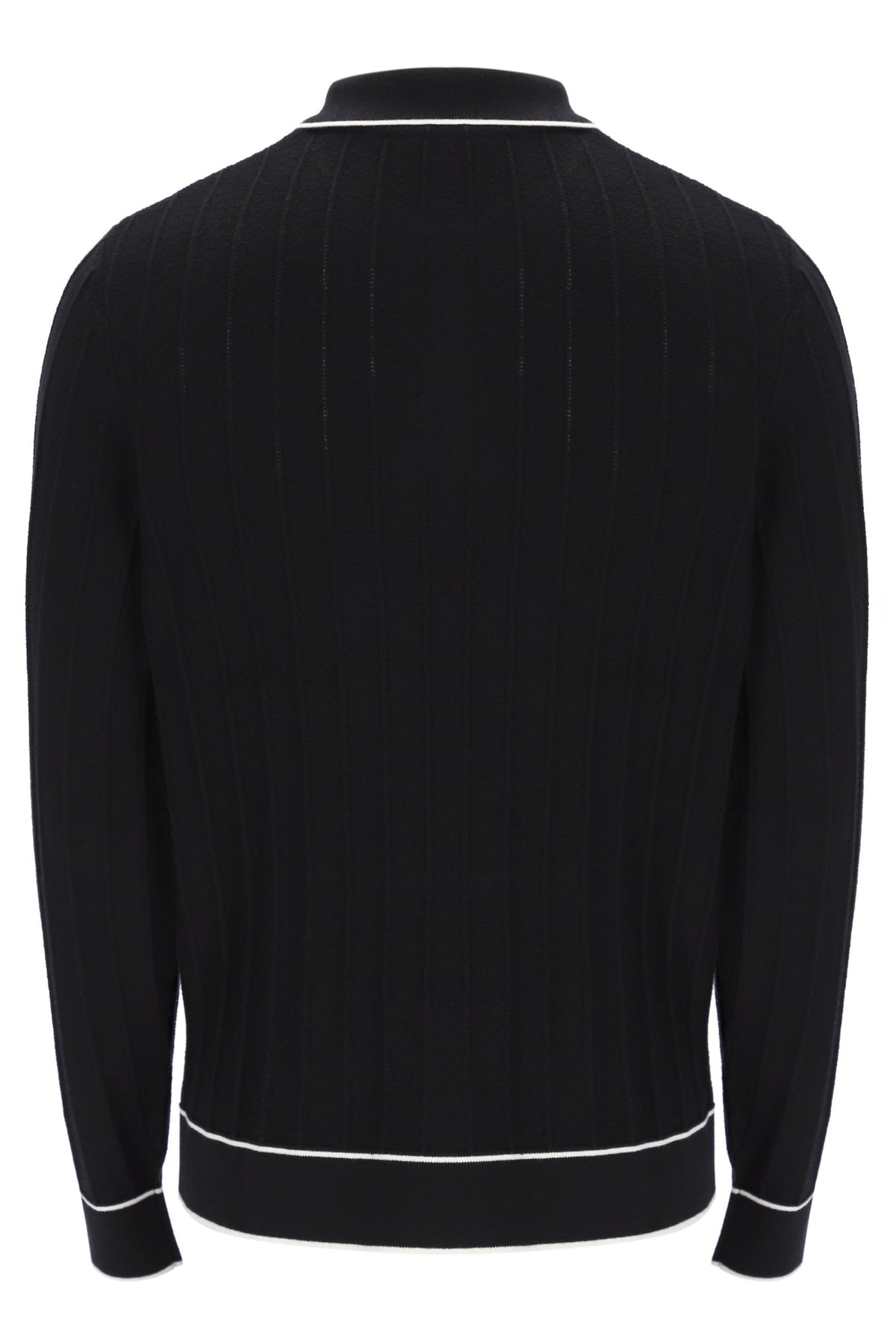 Black sweater with white trim on a white background