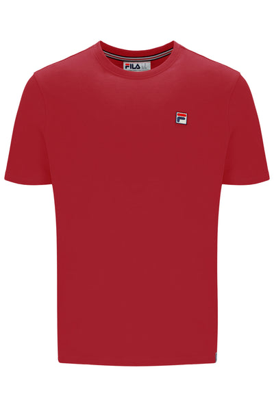 Red t-shirt with a small logo on a white background
