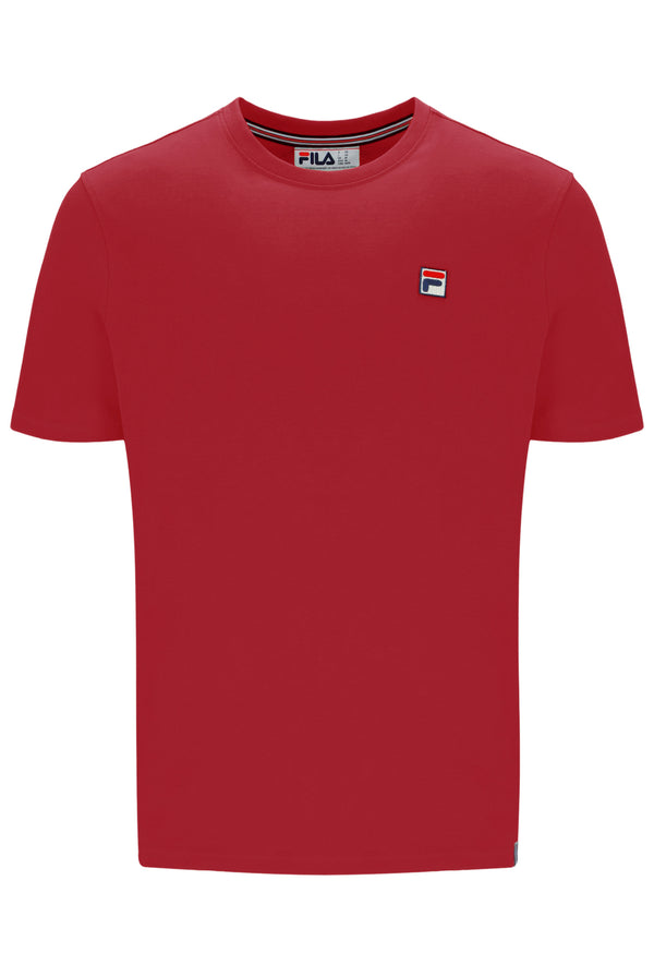 Red t-shirt with a small logo on a white background