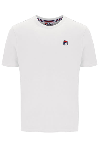 White t-shirt with a small logo on a white background