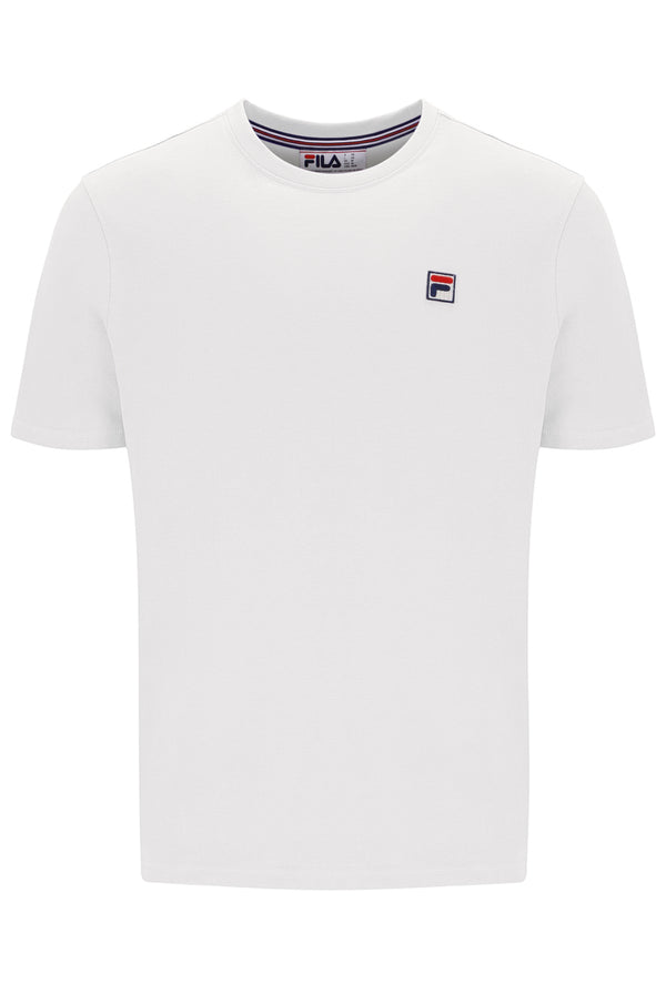 White t-shirt with a small logo on a white background