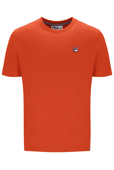 Orange t-shirt with a small logo on a white background