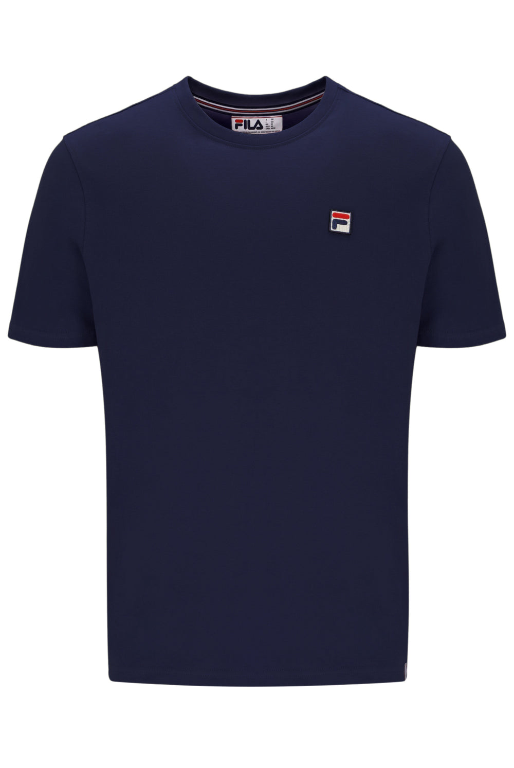 Navy blue t-shirt with a small logo on a white background