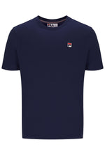 Navy blue t-shirt with a small logo on a white background
