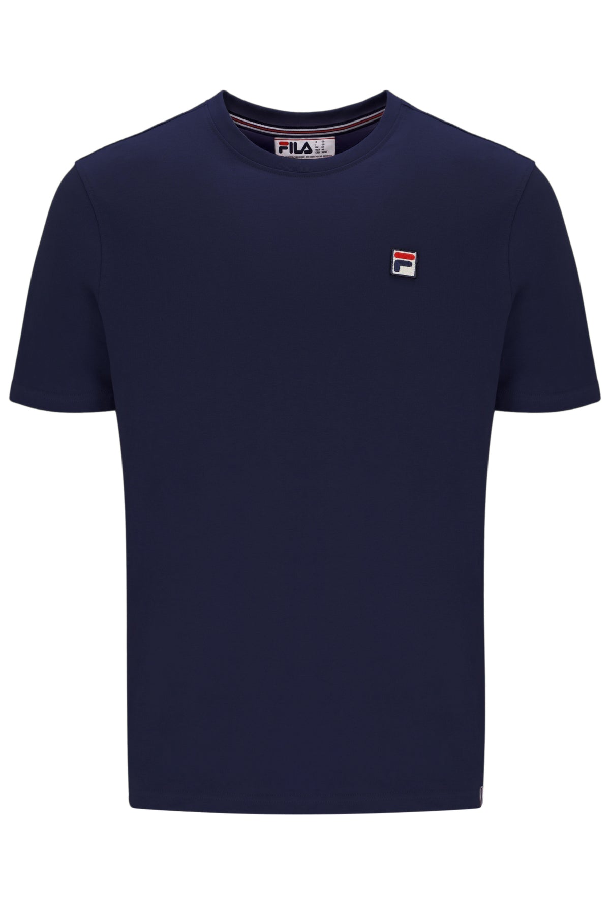 Navy blue t-shirt with a small logo on a white background