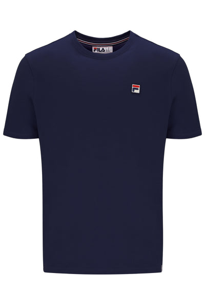 Navy blue t-shirt with a small logo on a white background