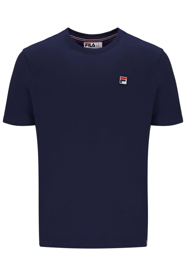 Navy blue t-shirt with a small logo on a white background