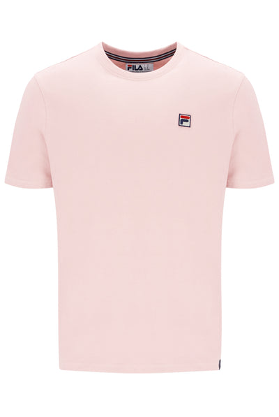 Pink t-shirt with a small logo on a white background