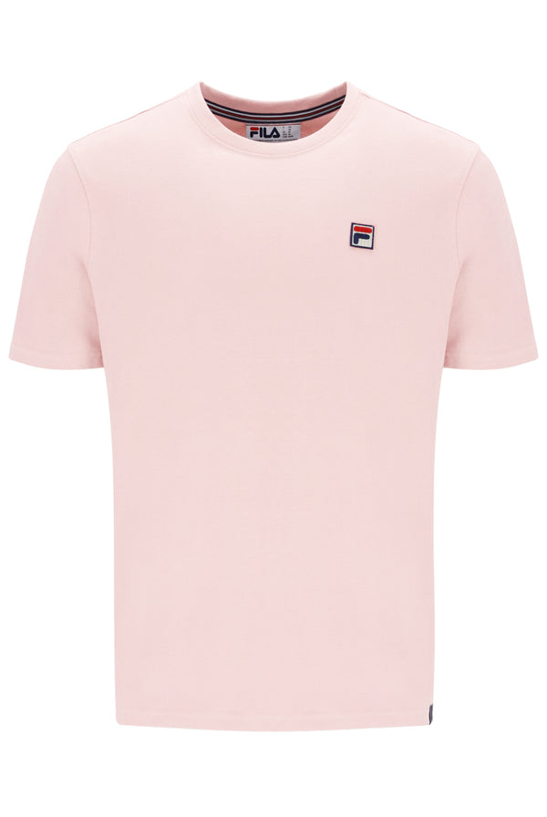 Pink t-shirt with a small logo on a white background