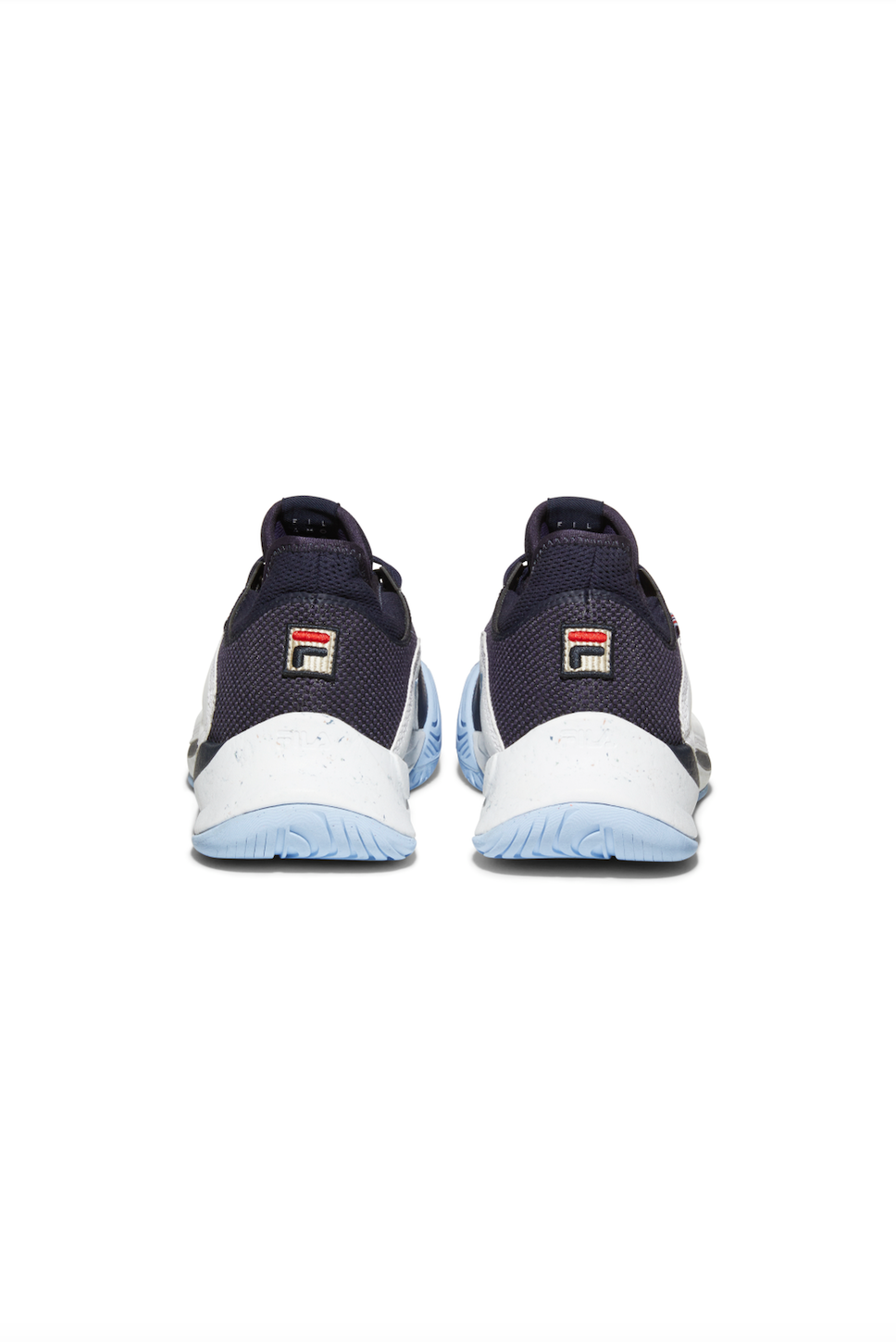 A pair of FILA Mondo Forza Tennis Trainers in white and navy colour scheme.
