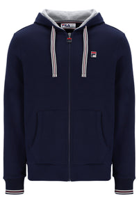 A navy blue FILA Tenconi zip-up hoodie with drawstrings and the brand logo visible on the chest.