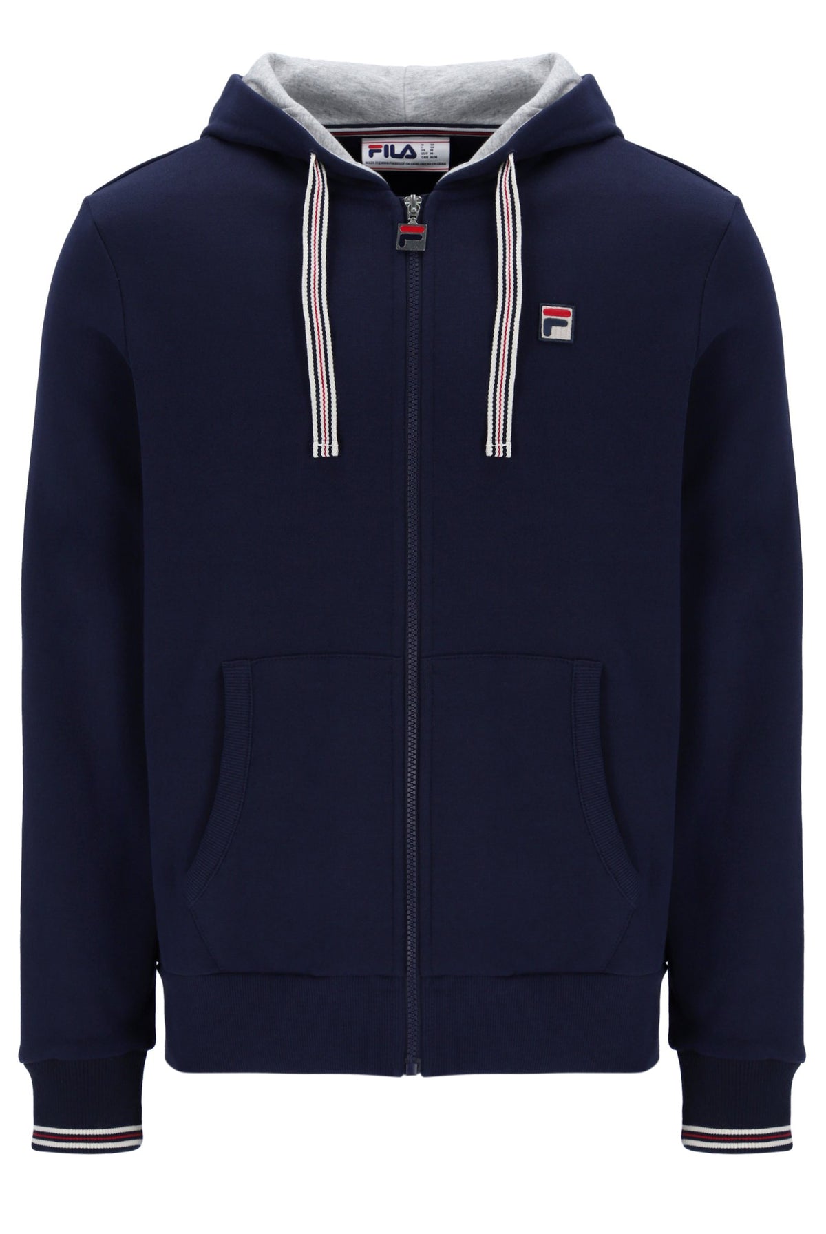 A navy blue FILA Tenconi zip-up hoodie with drawstrings and the brand logo visible on the chest.