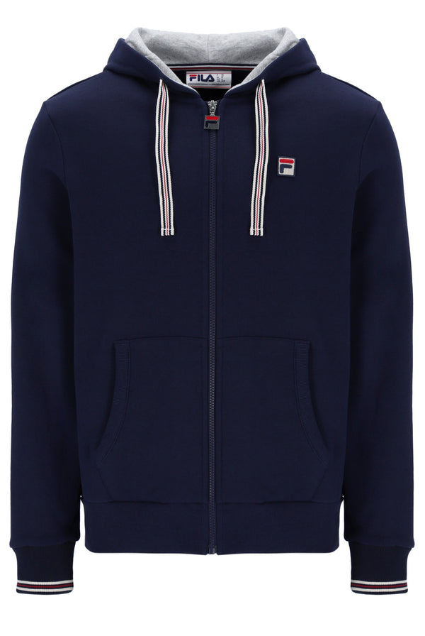 A navy blue FILA Tenconi zip-up hoodie with drawstrings and the brand logo visible on the chest.