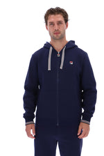 Displays a model wearing the 'Fila' branded Navy/ Gardenia Tenconi 2 Zip Thru Hoodie