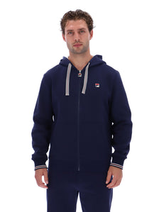 Displays a model wearing the 'Fila' branded Navy/ Gardenia Tenconi 2 Zip Thru Hoodie