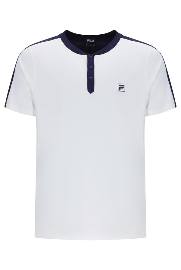 Displays the White 'FILA' branded Men’s Henry Neck Tennis T-Shirt