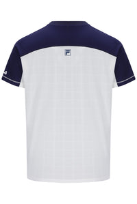 Displays the White 'FILA' branded Men’s Henry Neck Tennis T-Shirt
