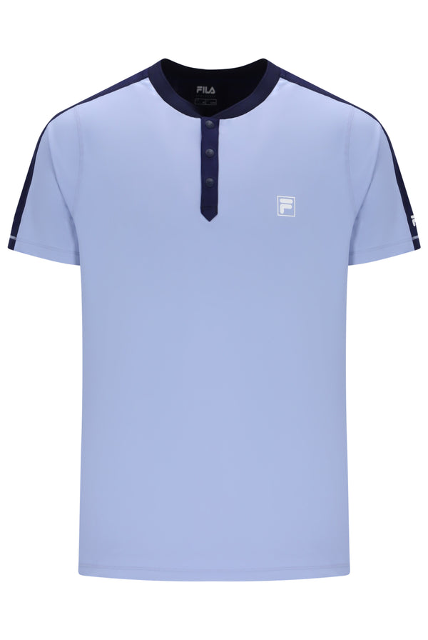 Displays the Blue 'FILA' branded Men’s Henry Neck Tennis T-Shirt