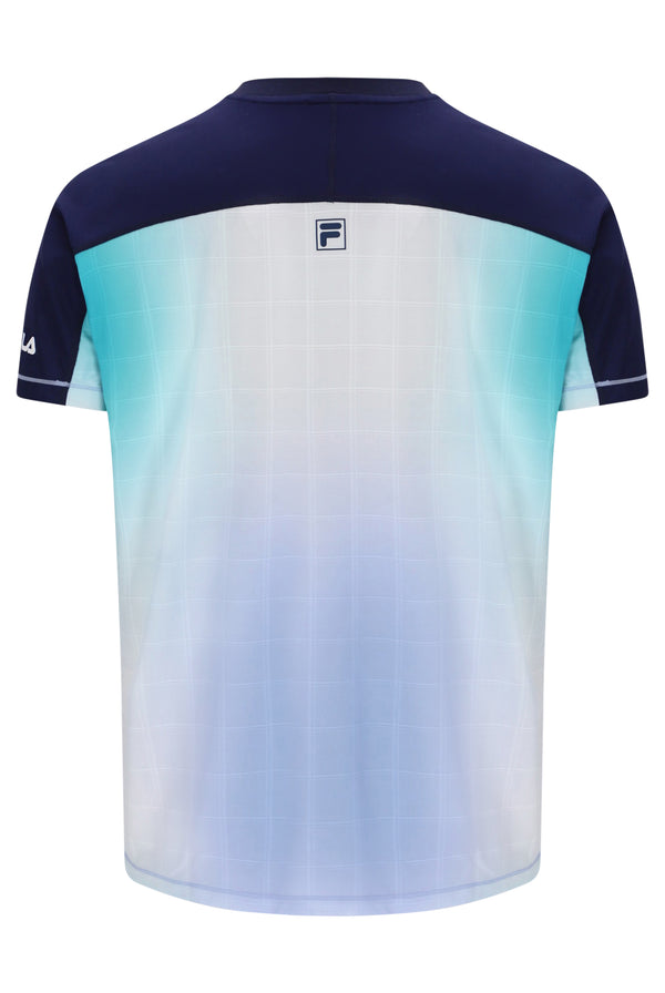 Displays the Blue 'FILA' branded Men’s Henry Neck Tennis T-Shirt