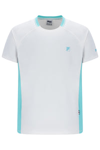 Displays the White 'FILA' branded Men’s Round Neck Tennis T-Shirt