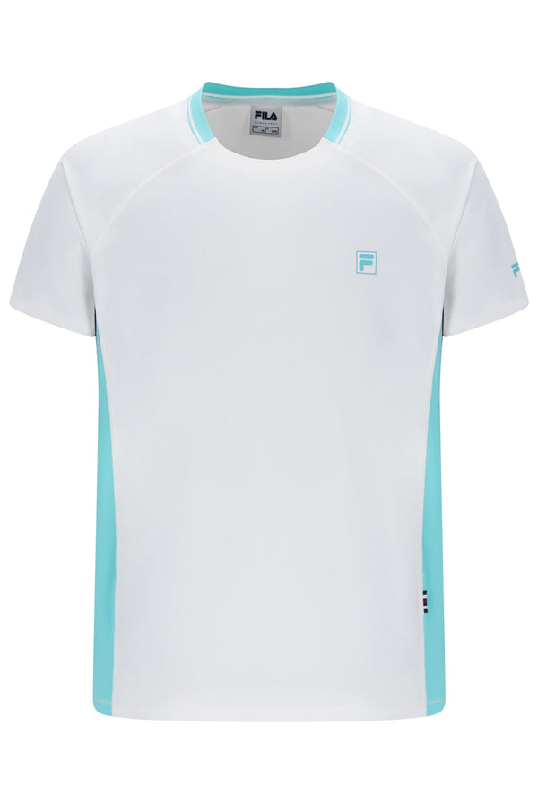 Displays the White 'FILA' branded Men’s Round Neck Tennis T-Shirt