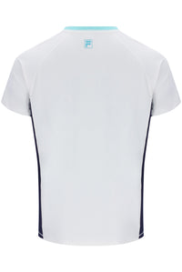 Displays the White 'FILA' branded Men’s Round Neck Tennis T-Shirt