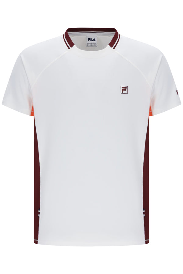 Displays the White 'FILA' branded Men’s Round Neck Tennis T-Shirt