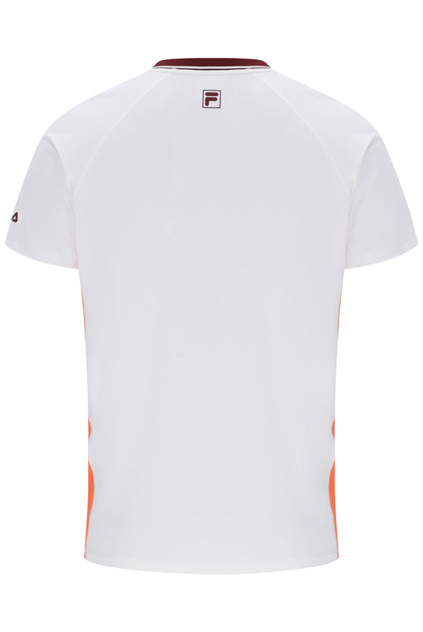 Displays the White 'FILA' branded Men’s Round Neck Tennis T-Shirt